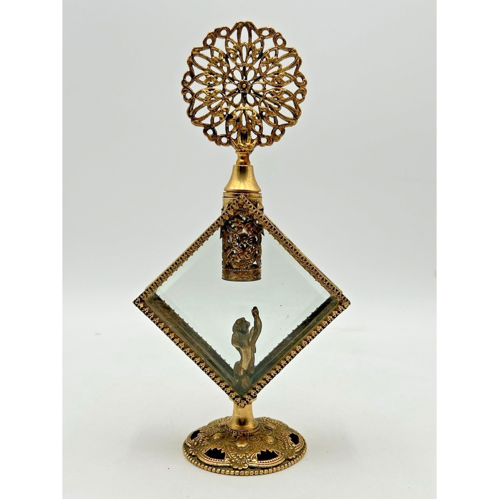 Vintage Brass Filigree Floral Ormolu Perfume Bottle Antique Glass Ornate Vanity - Picture 4 of 10
